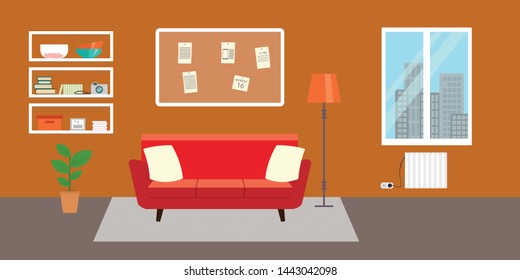 Living room with furniture. Flat style vector interior illustration . Sofa, pillow,  lamp, pictures on wall, flower, shelf. Daylight apartments . Hotel suite with city views. Upstairs. Renting a home