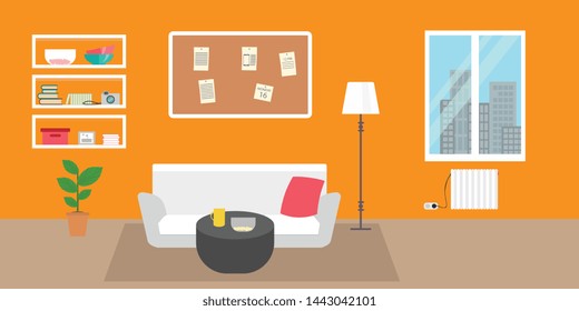 Living room with furniture. Flat style vector interior illustration . Sofa, pillow,  lamp, pictures on wall, flower, shelf. Daylight apartments . Hotel suite with city views. Upstairs. Renting a home