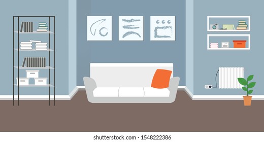 Living room with furniture. Flat style vector interior illustration . Sofa, flower, shelf. Daylight apartments . Hotel suite. Renting a home