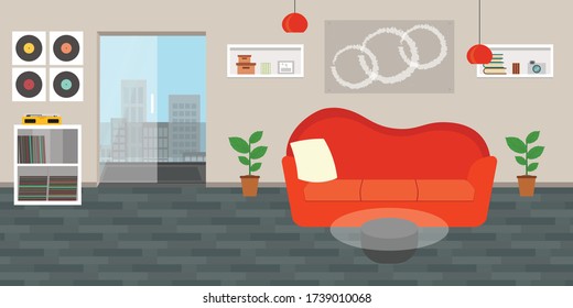 Living room with furniture. Flat style vector interior illustration . Sofa, pillow,  lamp, pictures on wall, flower, shelf. Daylight apartments . Hotel suite with city views. Upstairs. Renting a home