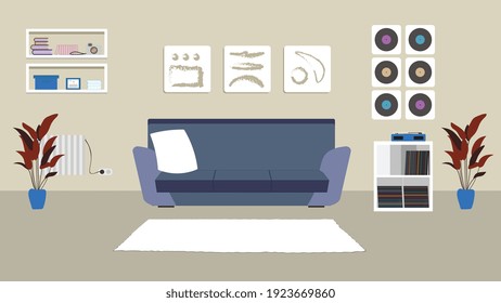 Living room with furniture. Flat style vector interior illustration . Sofa, flower, shelf. Daylight apartments . Hotel suite. Renting a home