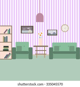 Living room with furniture. Flat style vector illustration.
