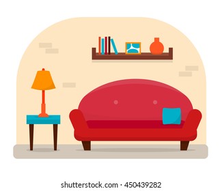 Living room with furniture. Flat style vector illustration.