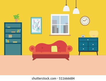 Living room with furniture. Flat style vector illustration.