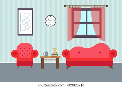 Living room with furniture. Flat style vector illustration.