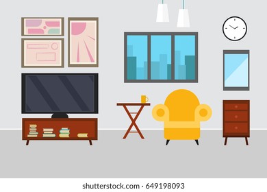 Living room with furniture. Flat style vector illustration. armchair . Window . TV