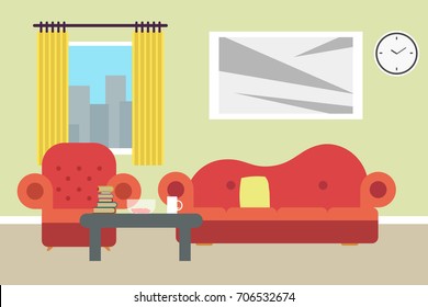 Living room with furniture. Flat style vector illustration.