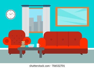 Living room with furniture. Flat style vector illustration.