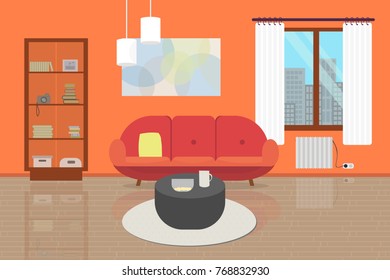 Living room with furniture. Flat style vector illustration.