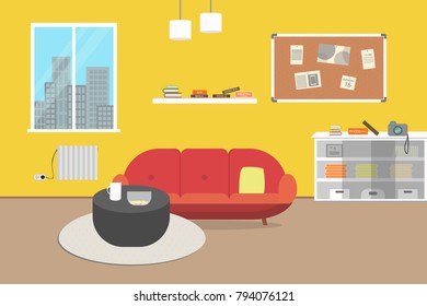 Living room with furniture. Flat style vector illustration.