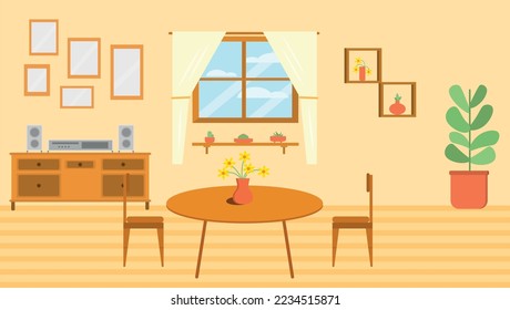 
living room with furniture in flat vector style. plants, window, wardrobe, pictures, chair, sound, table and vase. 