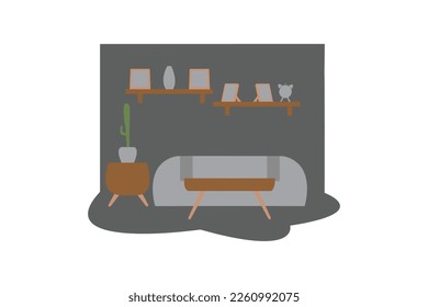 Living room with furniture in gray flat style. Vector illustration, flat icon. Elements of modern home and office furniture.