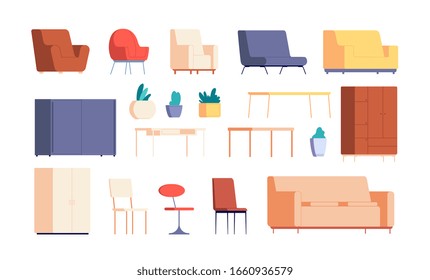 Living room furniture. Home interior creation constructor. Decor elements, couch, desk and armchairs. Isolated apartment design vector set