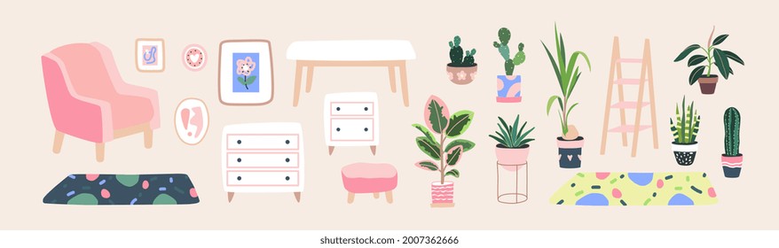 Living room furniture. Home plants in flowerpot. Houseplants isolated. Trendy hugge style, vintage urban jungle decor. Hand drawn. Set collection. Green, pink, yellow, beige, blue color. Print, poster