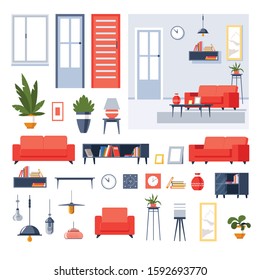 Living room furniture, house interior design isolated icons vector. Couch or sofa, coffee table and shelves, armchair and lamps, indoor plants and clocks. Photo frames and books, mirror and vase