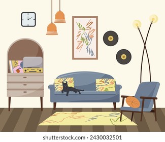 Ilustración de muebles de sala. Un sofá, un armario con un tocadiscos y discos, un sillón con cojines. Para folletos, folletos, volantes, tiendas de muebles. Vector, estilo plano.