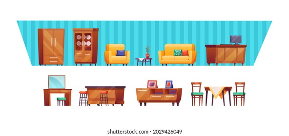 Living room furniture interior background set. Vintage design furnishing sofa, armchair, cupboard, desk with computer, dressing table, sideboard, chairs and commode. Cozy apartment cartoon vector