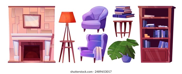 Living room furniture and interior decor. Cartoon vector illustration set of cozy home elements - fireplace and armchair, bookcase and stack of books, tea table and floor lamp, flower in pot.