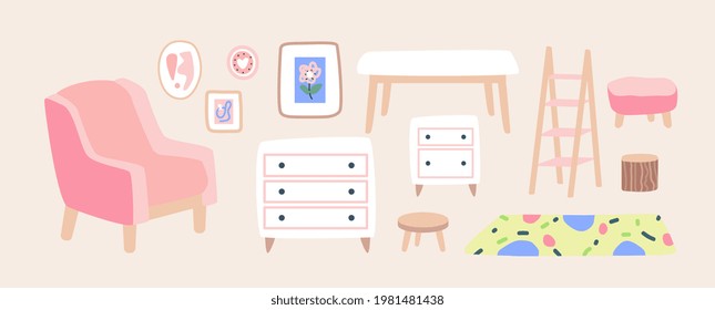 Living room furniture. Interior decoration isolated. Trendy hugge style, vintage urban cozy livingroom. Hand drawn flat. Set collection. Whire, pink, beige, blue, brown colors. Print, poster, banner.