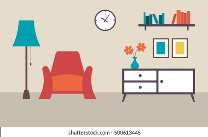 Living room with furniture, interior design flat design vector illustration