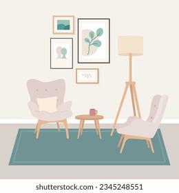 Living room furniture interior flat style. Romantic, gentle style. Lounge zone. Vector armchair, posters, table, floor lamp illustration