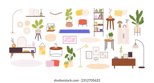 Living room furniture. Interior library scandinavian style. Coffee table, plants, carpets. Isolated modern decor elements, racy home design vector clipart