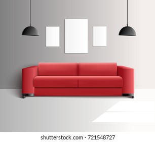 Living room furniture interior realistic composition with red sofa hanging lamps and blank frames for pictures vector illustration