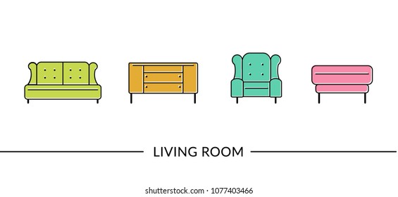  Living room furniture line icons for web or print