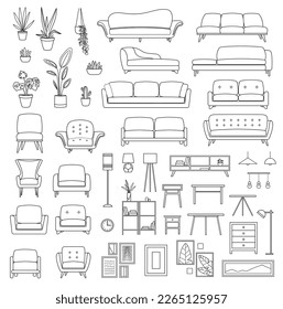 Living room furniture line set. Collection of graphic elements for website. Sofas, armchairs, plants and lamp. Comfort and coziness. Cartoon flat vector illustrations isolated on white background