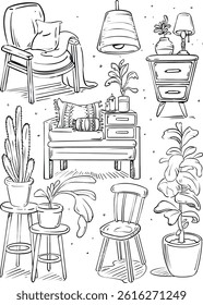 Living room furniture line set. Collection of graphic elements for website. Sofas, armchairs, plants and lamp. Comfort and coziness