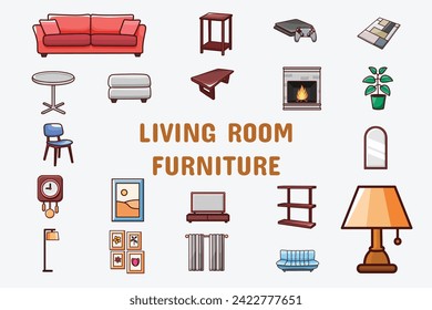 Living Room Furniture Lineal Vector Illustration Icon Sticker Set Design Materials