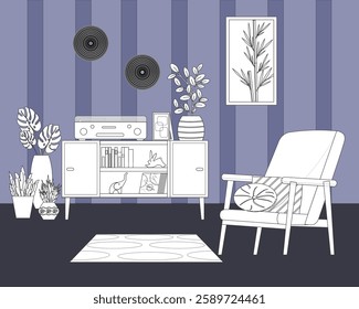 Living room with furniture. Linear sketch. Furnished room - armchair and cabinet with record player. Painting on the wall. Potted plants. Modern design. Vector illustration