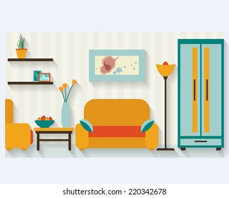 Living room with furniture and long shadows. Flat style vector illustration.