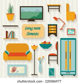 Living room with furniture and long shadows. Flat style vector illustration.