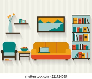 Living Room With Furniture And Long Shadows. Flat Style Vector Illustration.