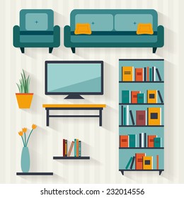 Living Room With Furniture And Long Shadows. Flat Style Vector Illustration.