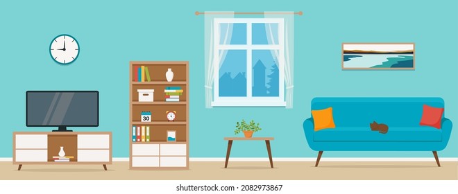 Living room with furniture. Modern cozy interior. Flat style vector design template. EPS 10