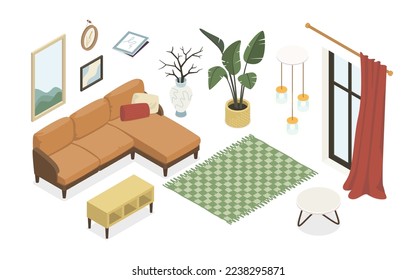 Living room furniture - modern vector colorful isometric illustrations set. Leather sofa, textiles - curtains, pillow and carpet, indoor plant, coffee table, magazine. Home design and house decor idea