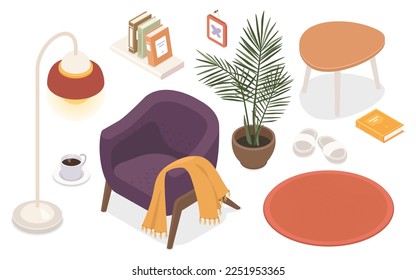 Living room furniture - modern vector colorful isometric illustrations set. Chair with warm plaids, fleecy carpet and small table, cup of coffee. Bookshelf, houseplant and floor lamp, home decor idea