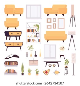Living room furniture objects pack design for homes, offices, hotels, cafes, hospitals and educational space to arrange, modern visual environment, accent lighting decorative set. Vector illustration