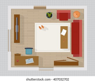 Living Room With Furniture Overhead Top View. Apartment Plan. Flat Style Vector Illustration.