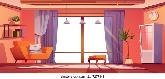 Living Room With Furniture And Panoramic Window. Vector Cartoon Illustration Of Empty Modern Lounge Interior With Sofa, Pouf, Cabinet, Shelves, And Big Window With Blank White Space