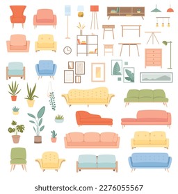 Living room furniture pastel set. Collection of interior and decor elements for the apartment. Beds, armchairs, lamps and plants. Cartoon flat vector illustrations isolated on white background