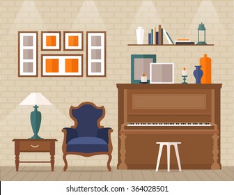 Living room with furniture and piano. Flat style vector illustration.