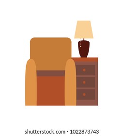 Living room furniture, poster with objects making house comfortable, armchair and chest of drawers with lamp, vector illustration isolated on white
