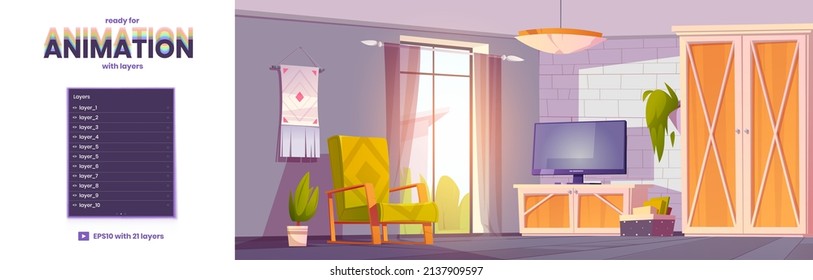 Living room with furniture in rustic style. Vector parallax background ready for 2d animation with cartoon lounge interior with brick wall, chair, wardrobe, tv set and plants