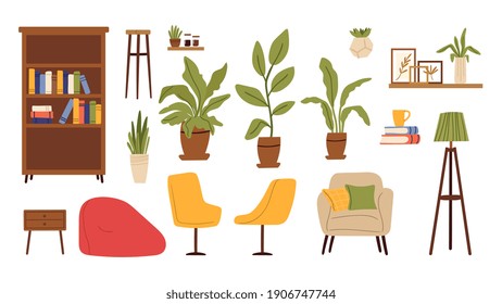 Living room furniture. Scandinavian furnitures, plants in pot, chairs and shelves with book. Isolated flat bookcase, scandi home accessories vector set