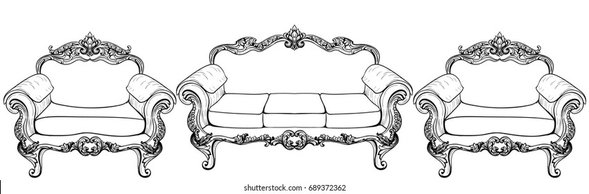 Living room furniture set. Baroque armchair with luxurious ornaments. Vector French Luxury rich intricate structure. Victorian Royal Style decors