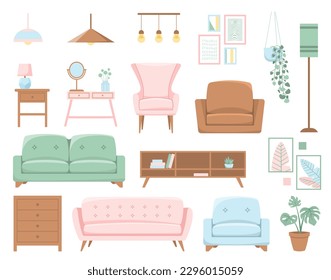 Living room furniture set. Collection of graphic elements for website. Sofa and armchair, lamp and plant. Pictures and bookshelf. Cartoon flat vector illustrations isolated on white background