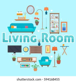 Living room with furniture set. Cozy interior with sofa and tv.  Flat style vector illustration.